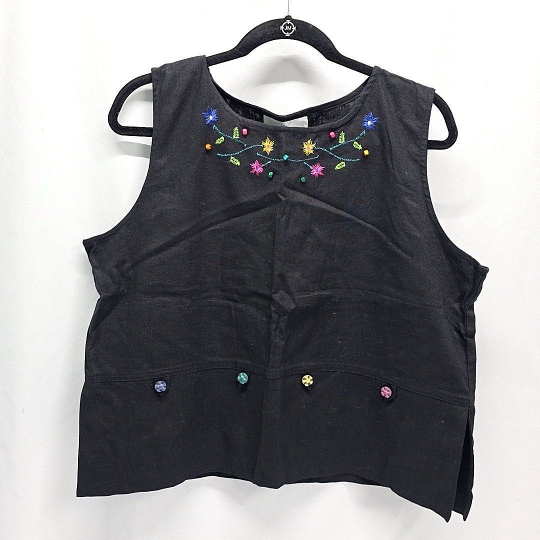 Vtg Erin London Tank Top Women PL Black Linen Blend Floral Embroidered Beaded