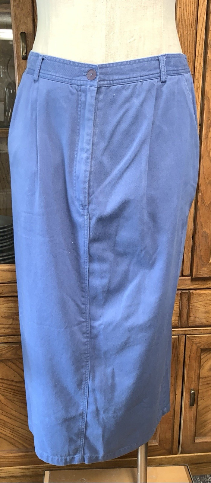 A1 80s SMALL CAPACITY MAXI COTTON BLUE SKIRT FRONT BUTTON STRETCH COTTAGE CORE