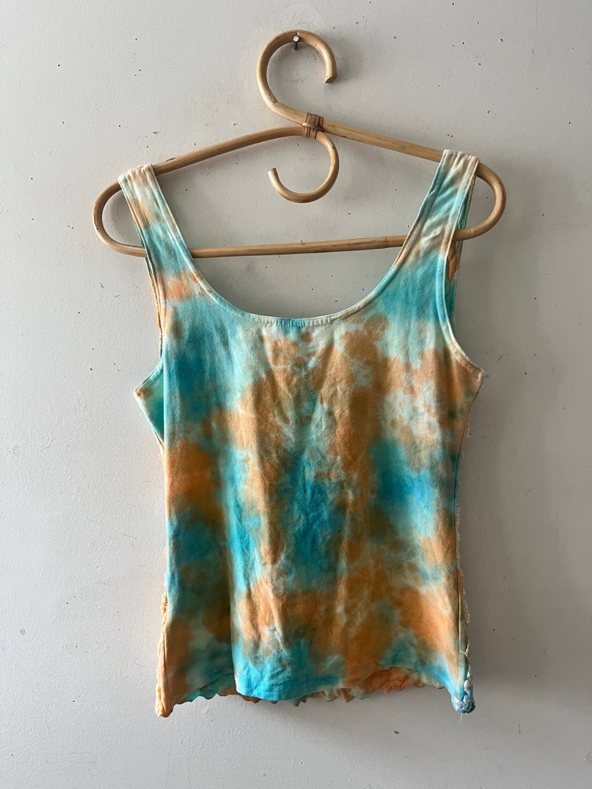 Vintage 90s Hand-Dyed Ruffle Mesh Top Sea Coral Coastal Grandmother Style S/M