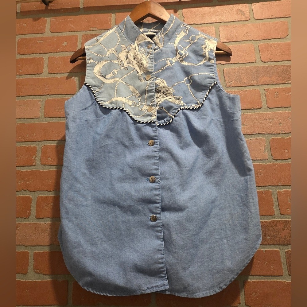 Ali Miles Blue and Cream Button-Down Sleeveless Top Vintage 10 Bin 14