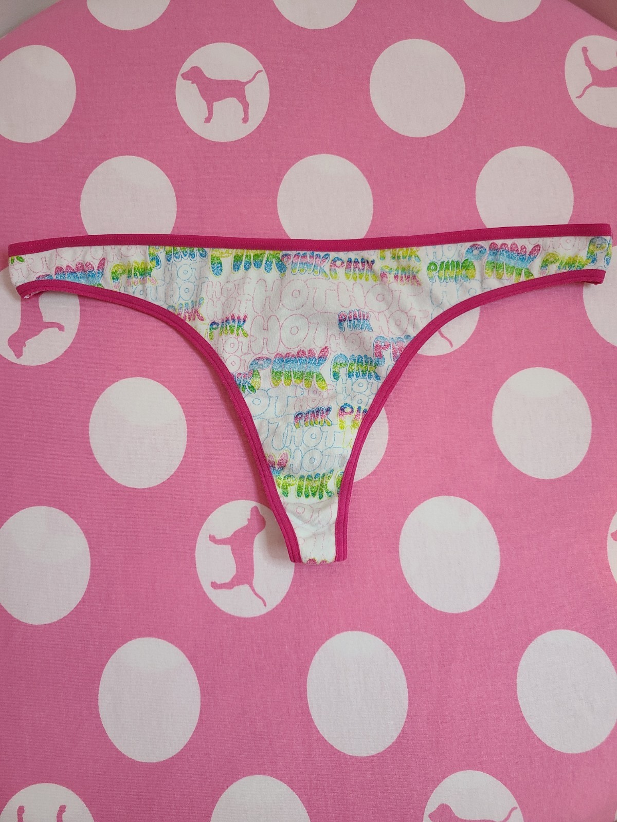Rare VTG VS PINK Low Rise Graphic Cotton Thong Panty Size Lg Hot Pink Rainbow