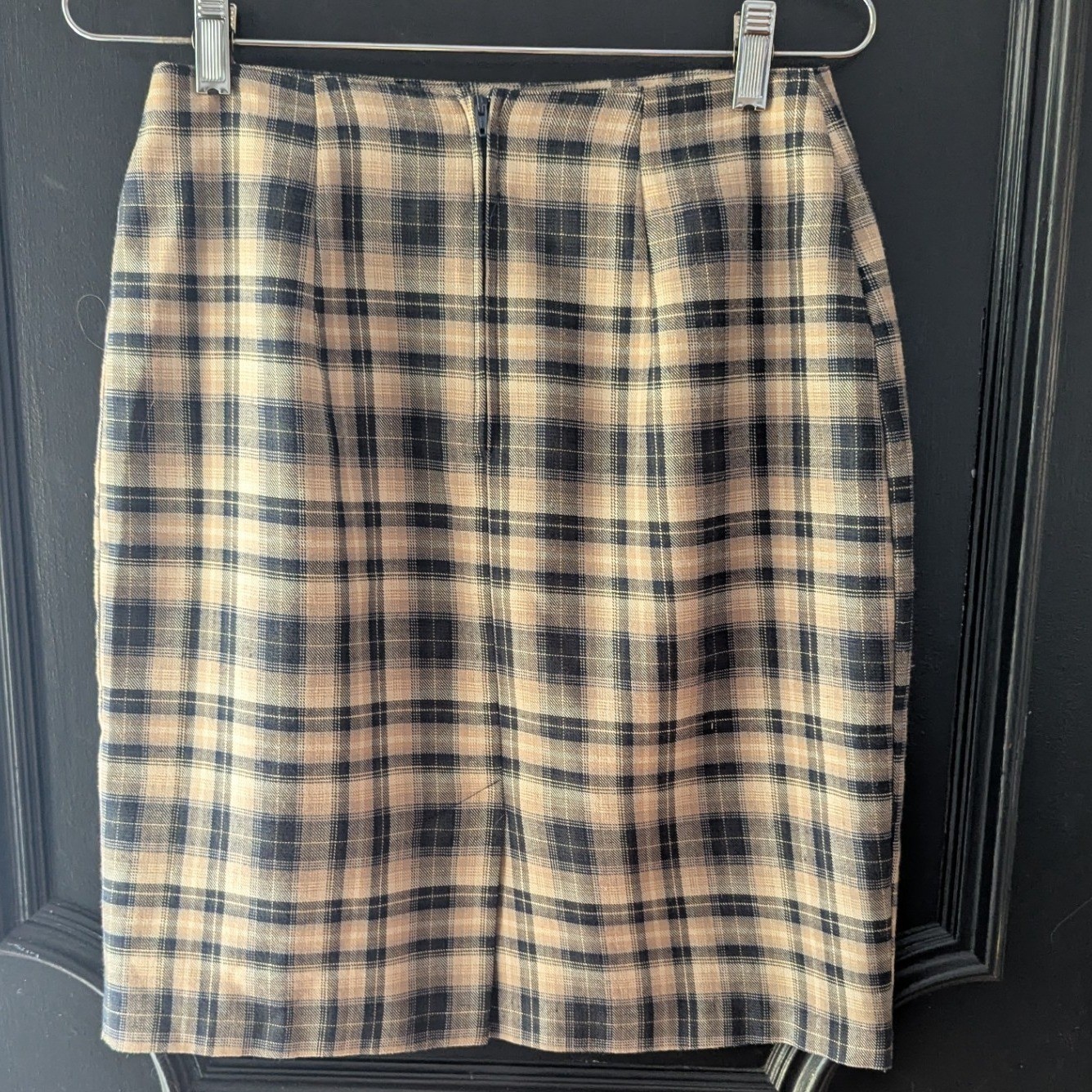 Vtg 90s Plaid Pencil Skirt Dark Navy Tan Lined Office Classic Preppy Academia