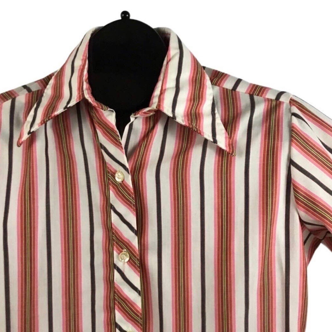 1970s Disco Pink Stripe Blouse Top Dagger Collar / Womens Medium ^
