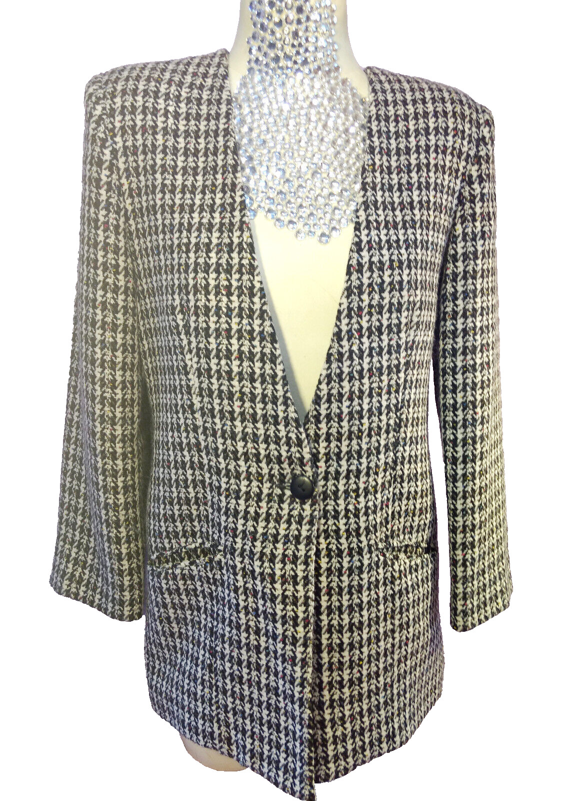 Vintage Houndstooth Blazer Worthington Womens Black and White Plaid Jacket Lined