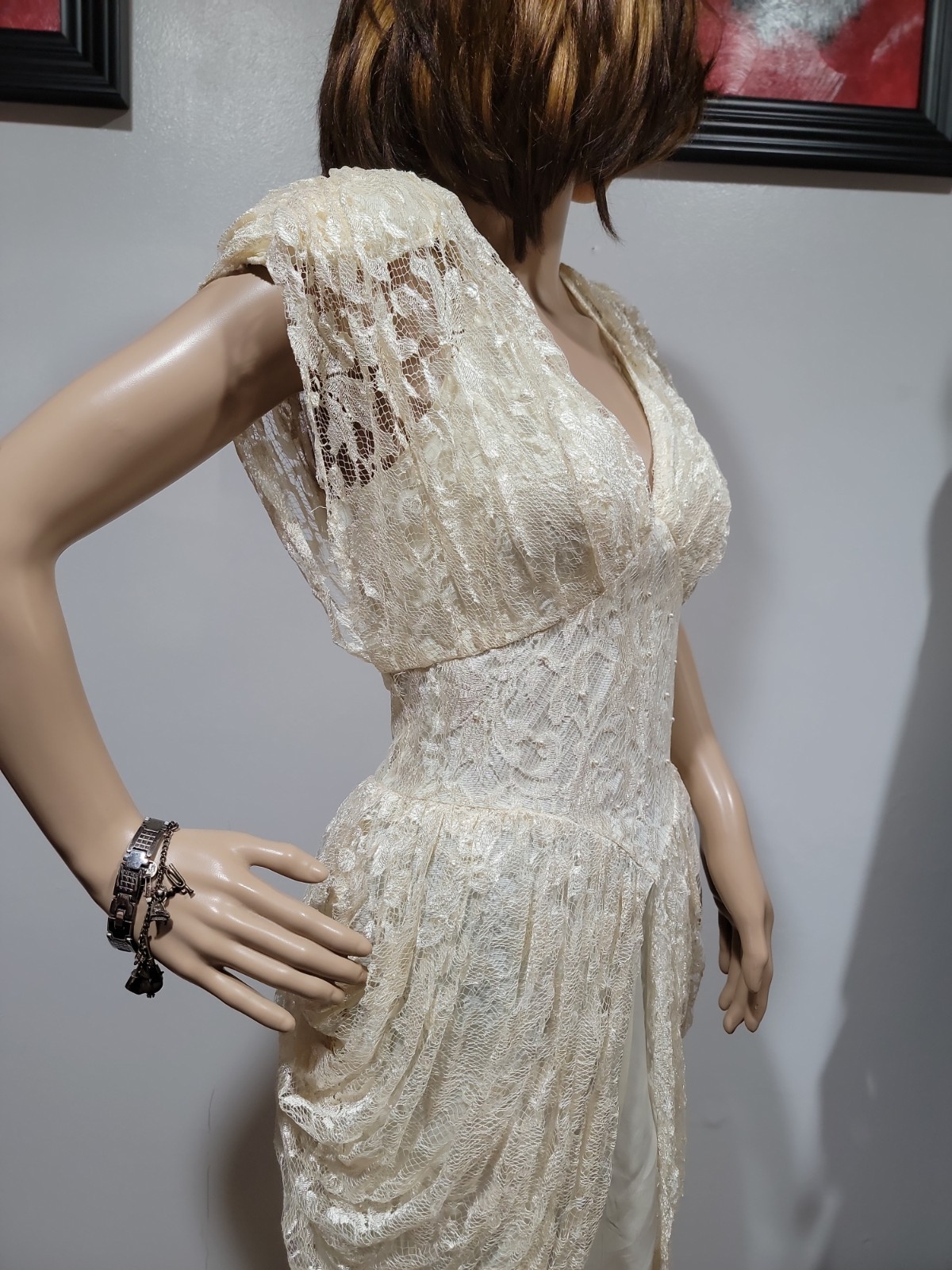 A La Carte California Women’s FITS MODERN SMALL Vintage Dress Ivory Beaded #AA
