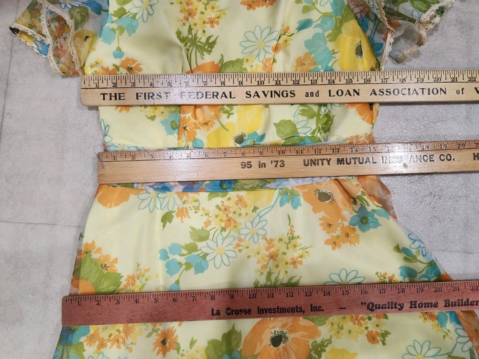 Vtg Wm’s 70s Yellow Floral Maxi Dress*Sheer Flutter Sleeve*Lg-photo Measurements