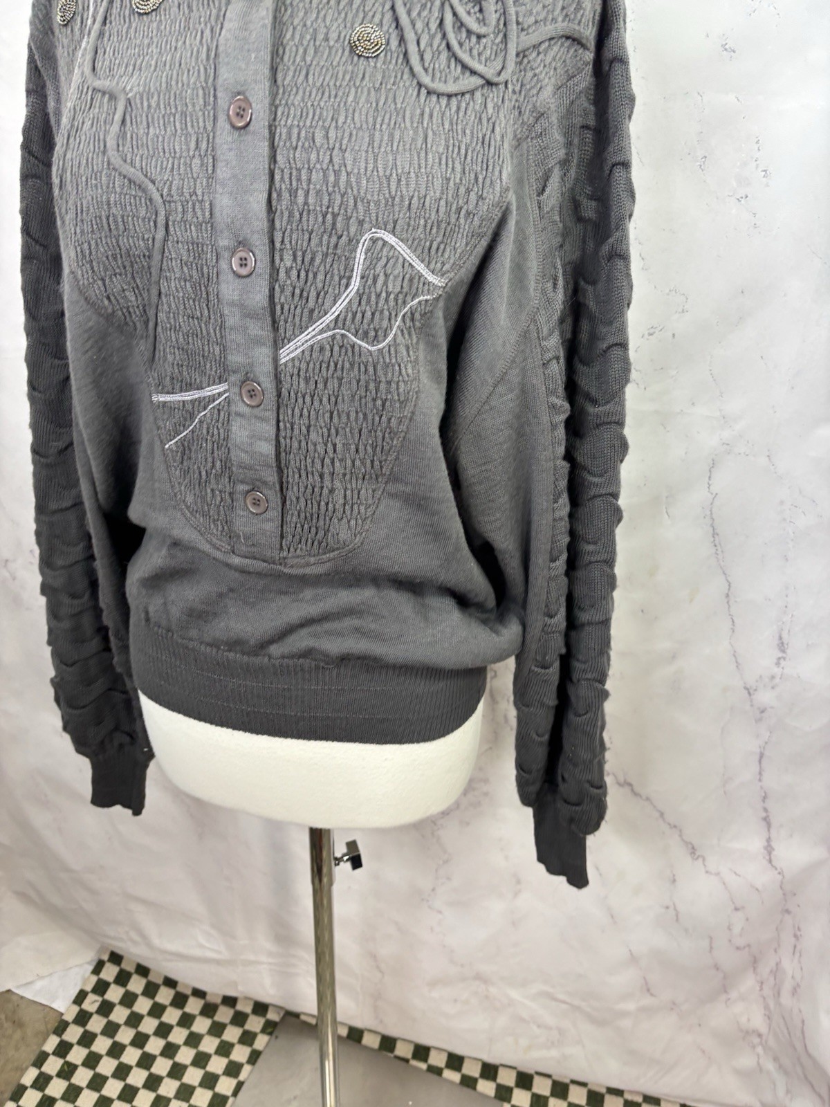 Vintage 80s MARC D’ALCY Paris Henley Sweater Gray Dolman Sleeves Wool Retro sz S