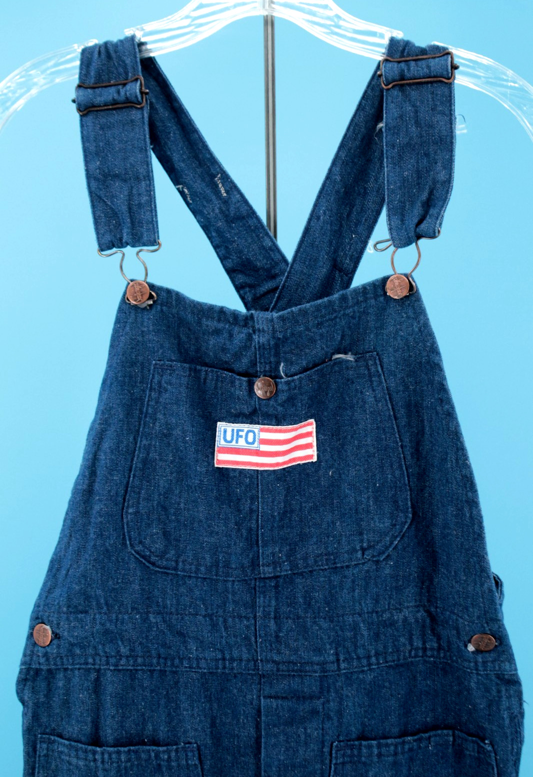 VTG Women’s 70s Dark Blue Denim UFO Bellbottom Overalls Sz XS/S 30″ 1970s