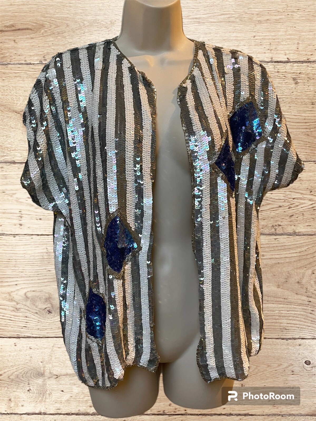 Vintage Sequin Jacket Shrug Silver White Blue Striped And Diamonds Deco Style