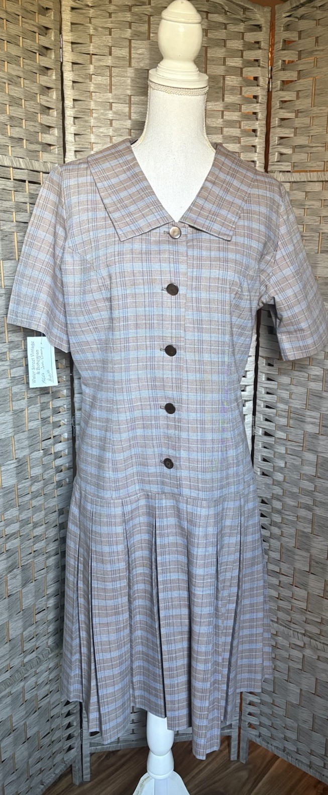 Vtg 60s Joe Barry Mod Brown Blue Checked Secretary School Girl Pleated Dress M
