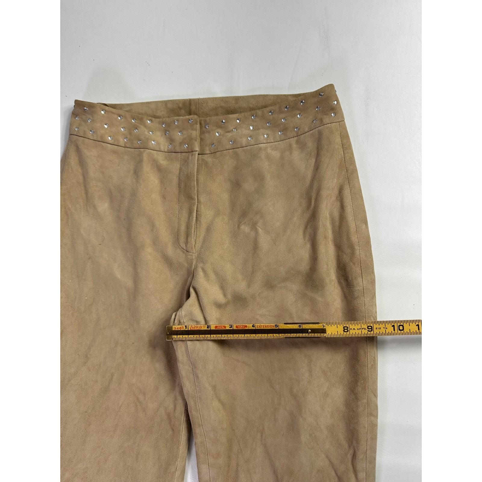 Cache Vintage Tan 100% Goat Suede Studded Rhinestone Straight Leg Pants Size 2