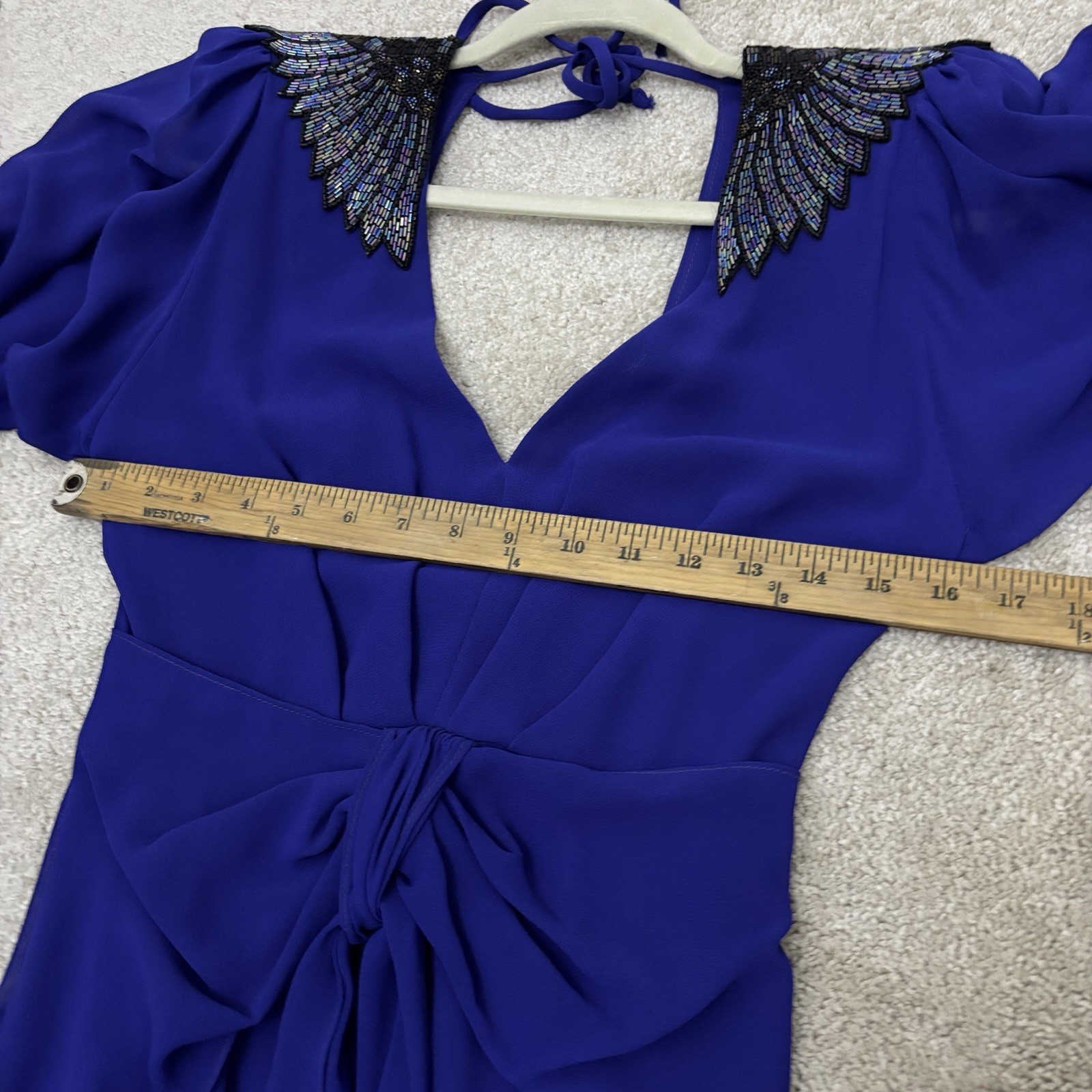 Vintage 80s Casadei Dress Art Deco Beaded Wings Blue Small Party Evening Chiffon