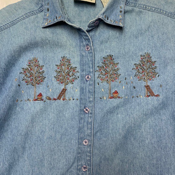 Northern Reflections Vintage 90s Denim Button Front Apple Embroidered Maxi Dress