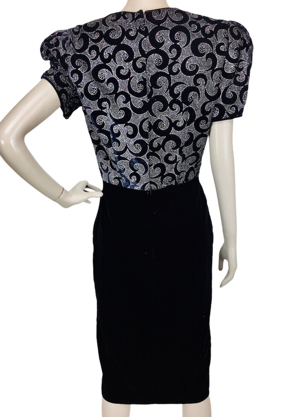 Vintage Velvet Glitter Swirl Puff Sleeve Faux Wrap Rosette Cocktail Wiggle Dress