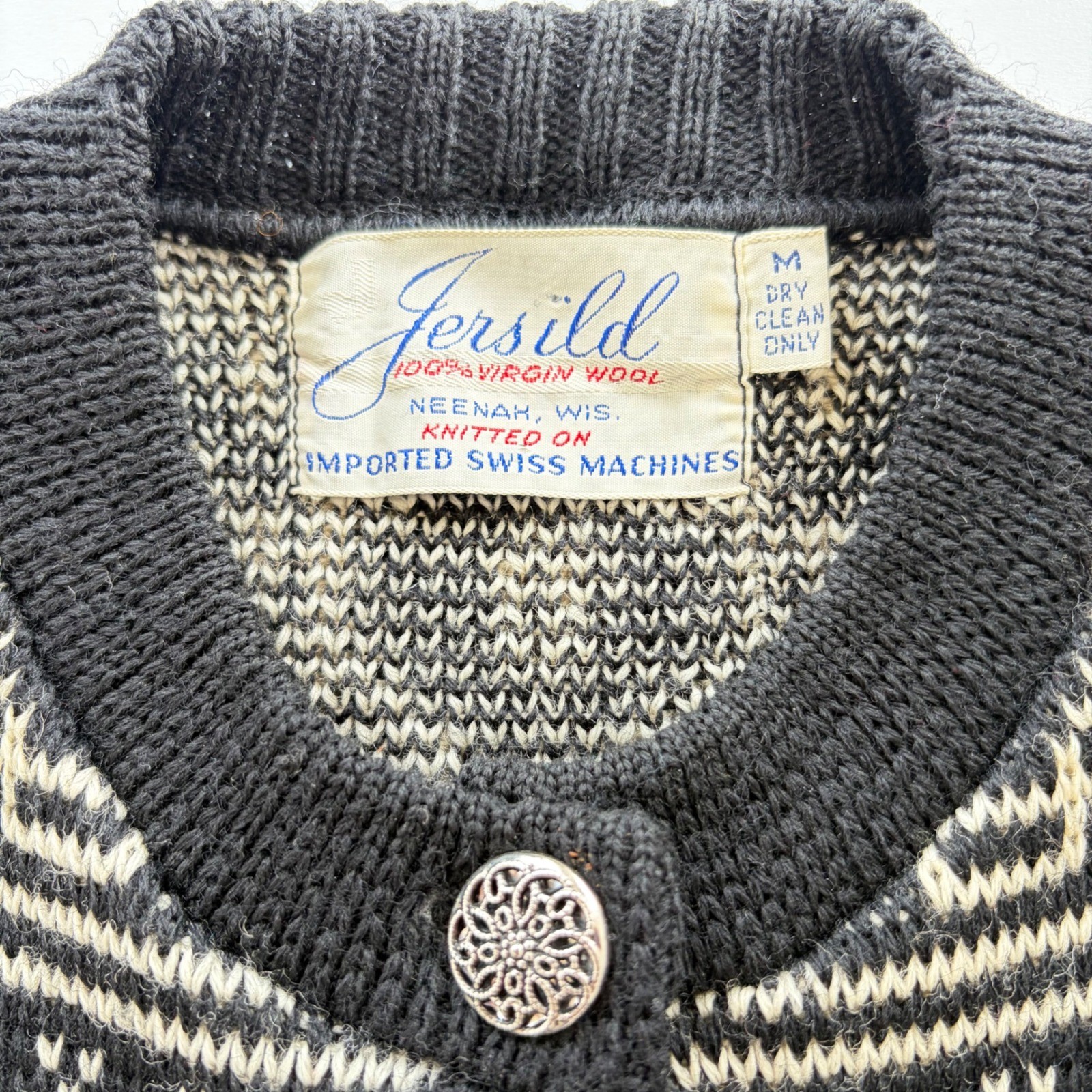 Jersild Vintage Nordic Snowflake Virgin Wool Cardigan Black Cream Metal Buttons