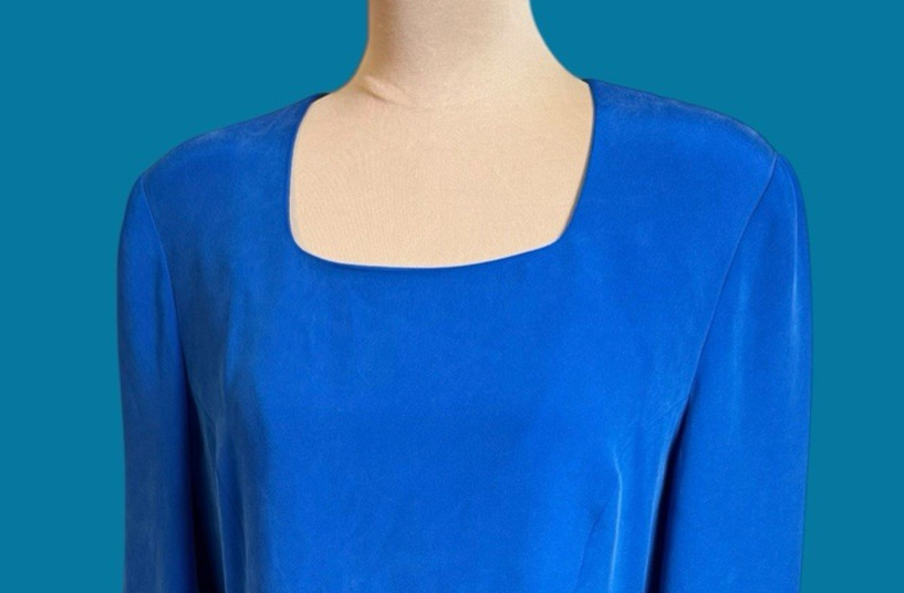 Vintage Patrick Petite Blue Silk Dress 12 80s 90s Power Shoulder Cocktail Mini