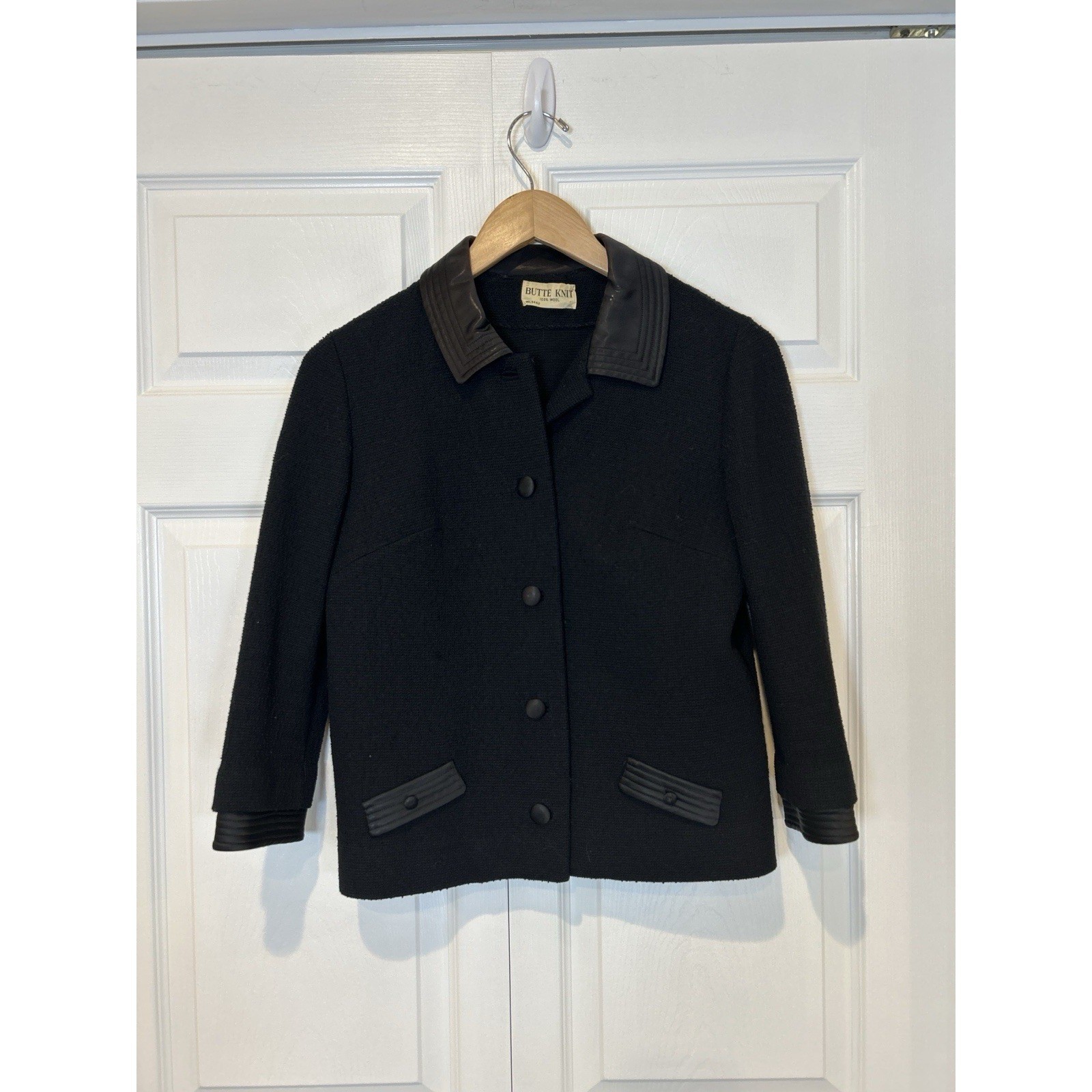 Butte Knit Wool Jacket Womens Medium Black Leather Trim Vintage Mid-Century 60s