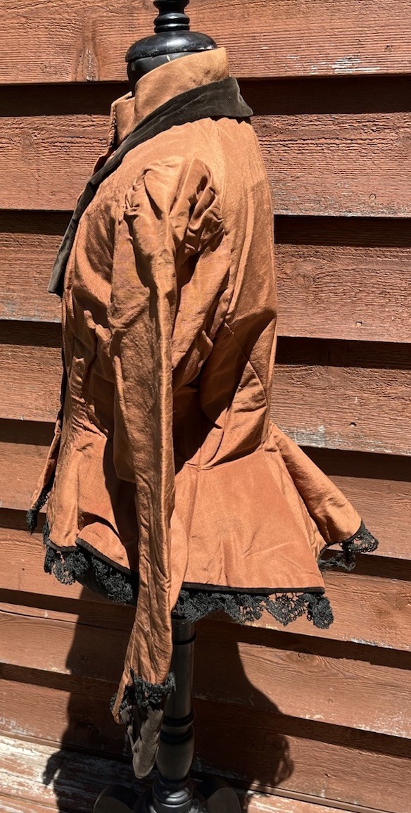 Victorian Brown Ladies Fitted Jacket, Velvet Lapels, Cuffs, Buttons