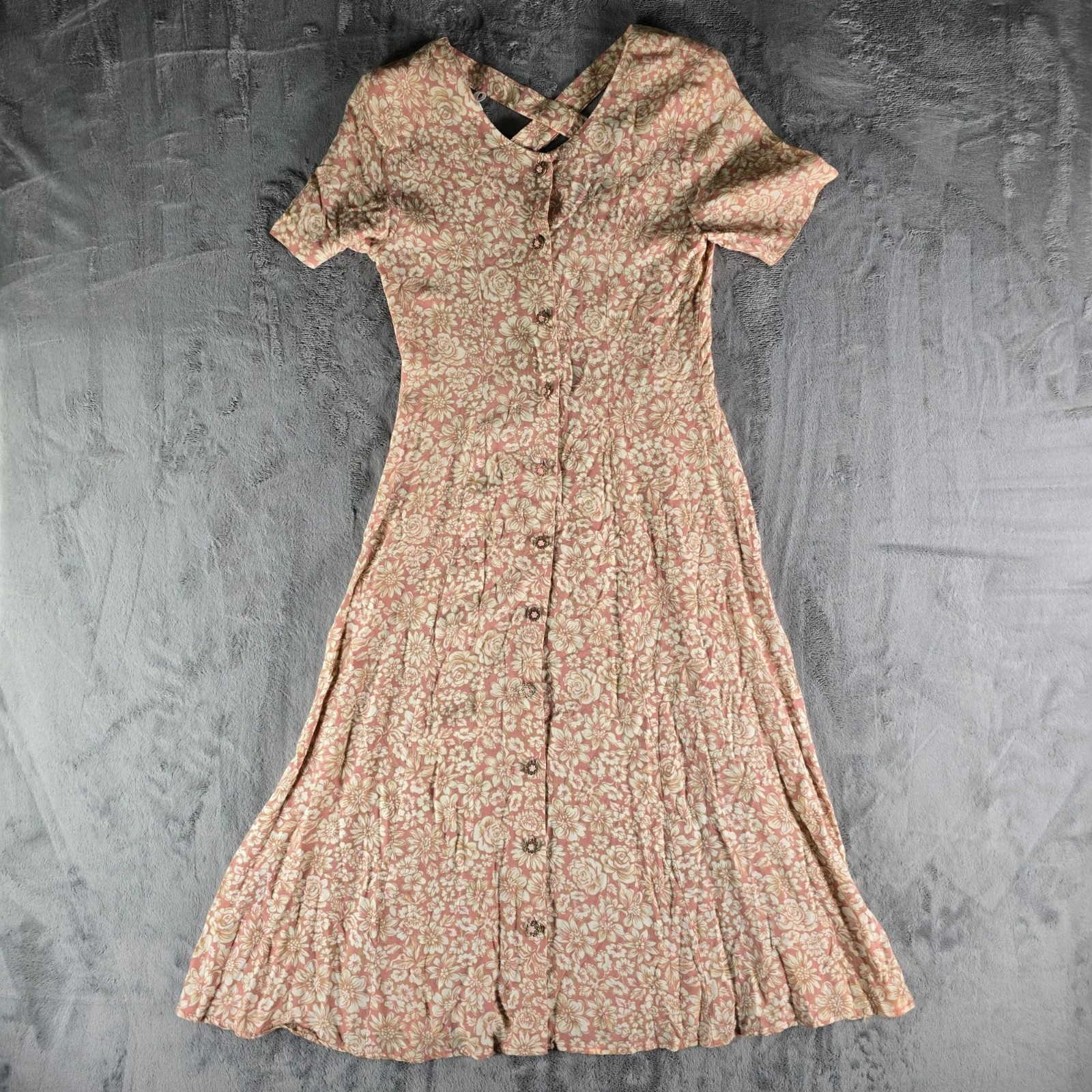 Vintage 1990s Rampage Pink Floral Rayon Button-Front A-Line Midi Dress (S)