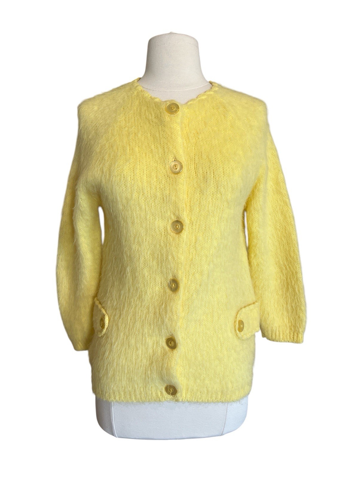 Vintage Devon Original Buttercup Yellow Acrylic Mohair Sweater Cardigan- Size XS