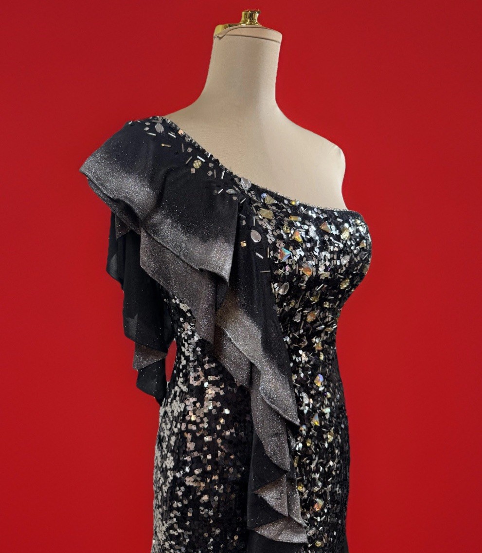 *PROM* Sequin Dress Vintage Black and Silver Strapless 80s 90s Glam- Tony Bowls