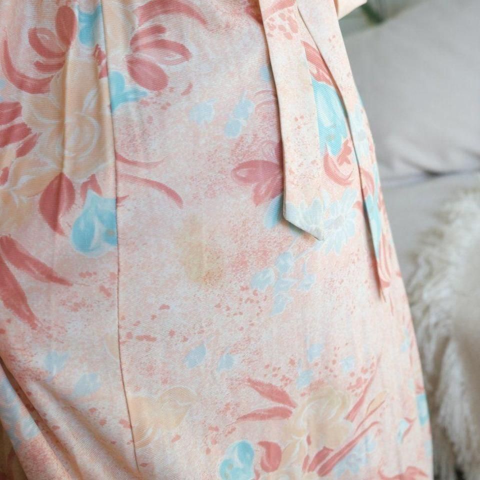 Vtg 1970s S Sheer Sleeve Orange Floral Print Coral Prairie Tie Long Sleeve Dress