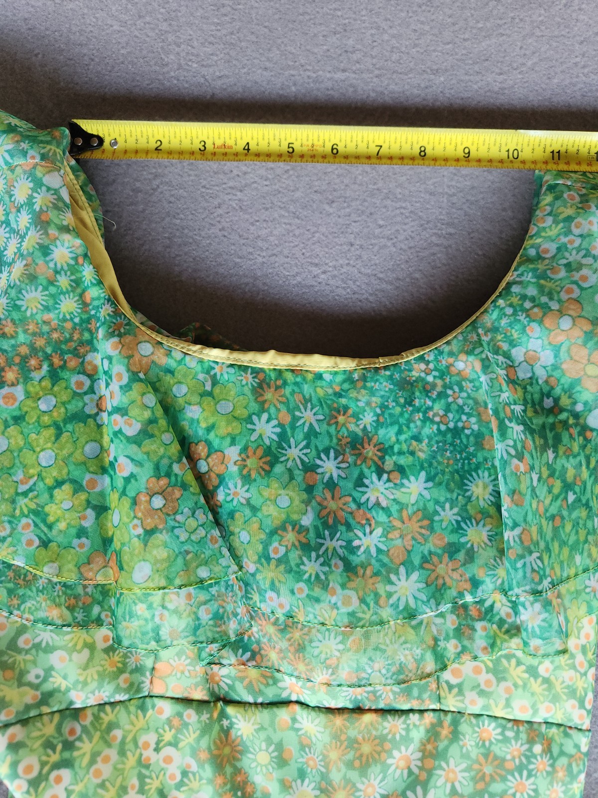 Vintage 60s Floral Chiffon Maxi Dress Ruffle Flutter Capelet Yellow Green Party