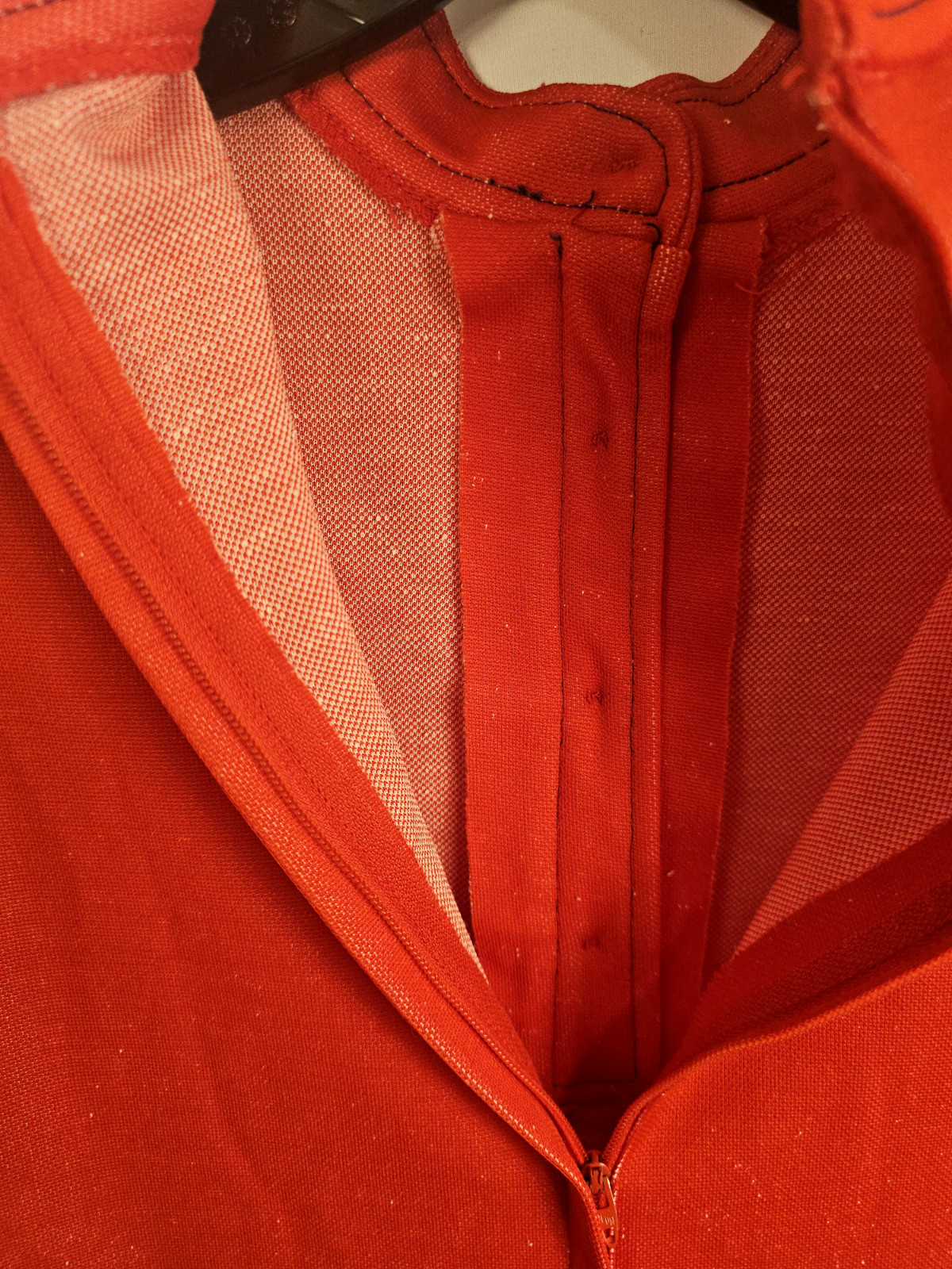 Vintage 1960s Red Polyester Dress With Mandarin Collar Front Circle Pockets 6