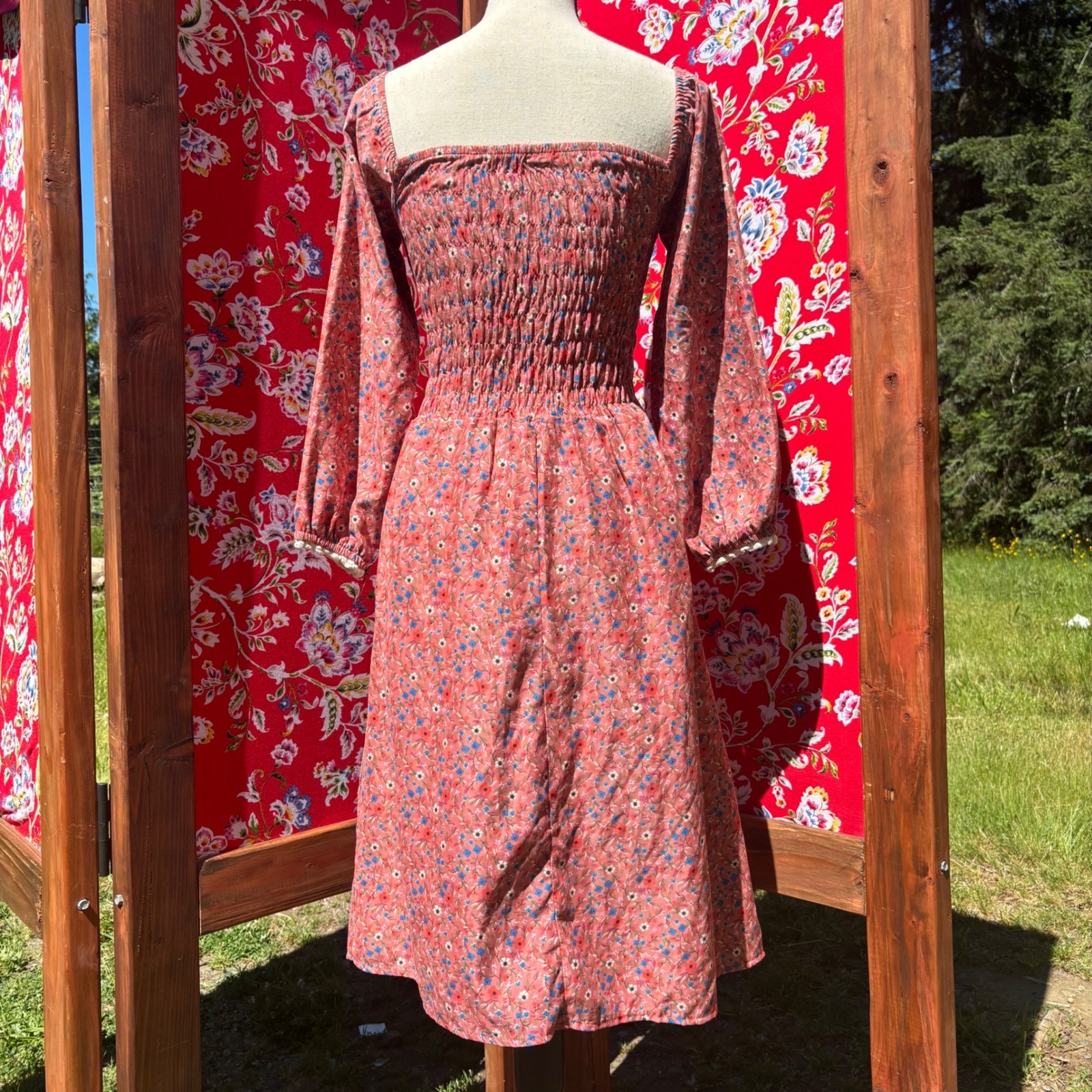 VTG Pink Floral Smock Milkmaid Prairie Lace Trim Peasant Sleeve Dress Size XS