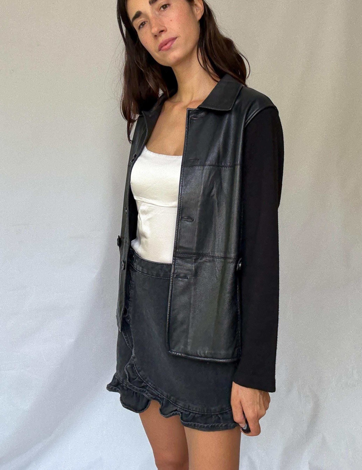 Luxury black leather and wool blend jacket, vintage minimalist style