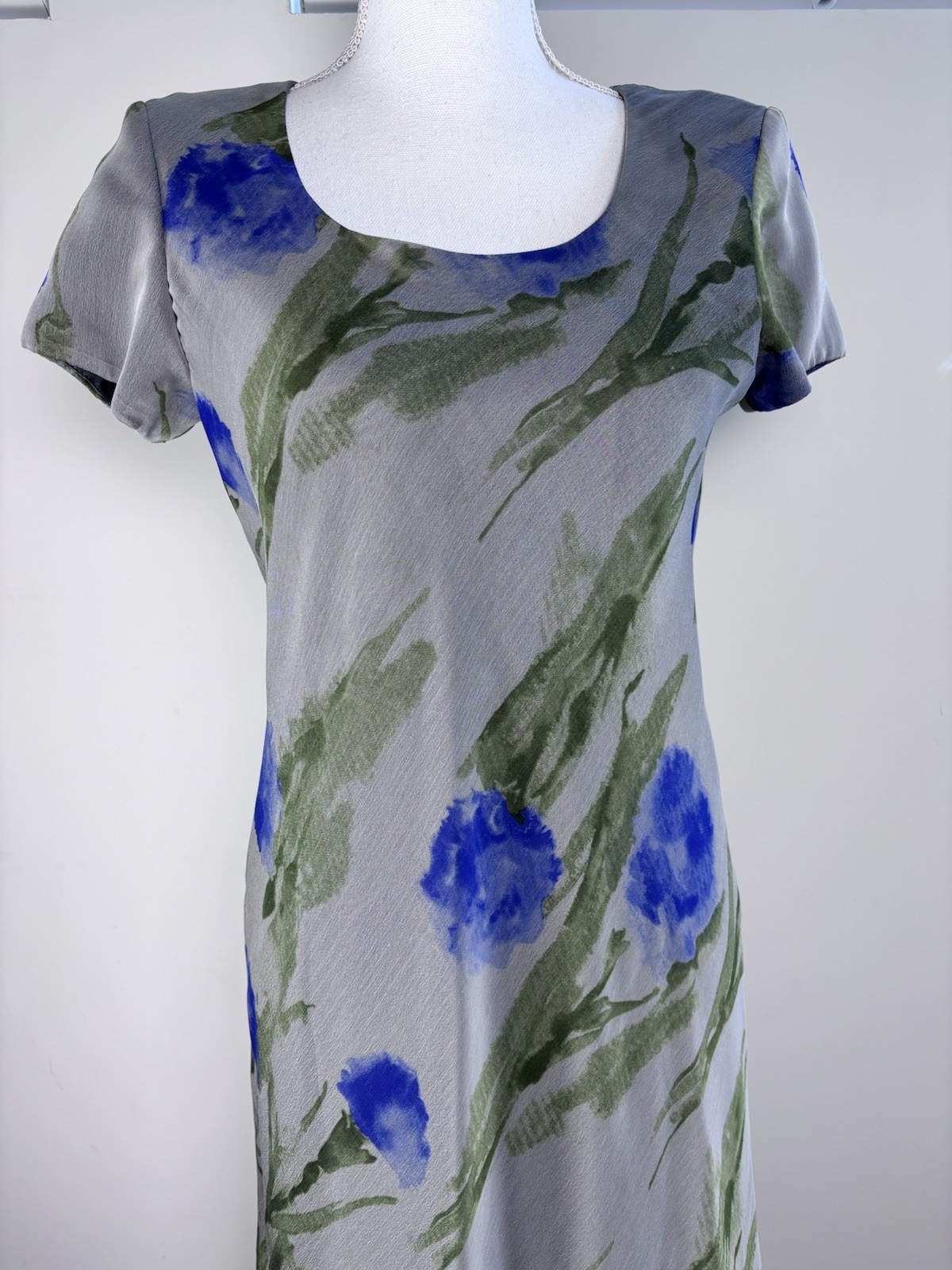 Vintage Jessica Howard Watercolor Floral Gray Silk-Look Maxi Dress Cottagecore