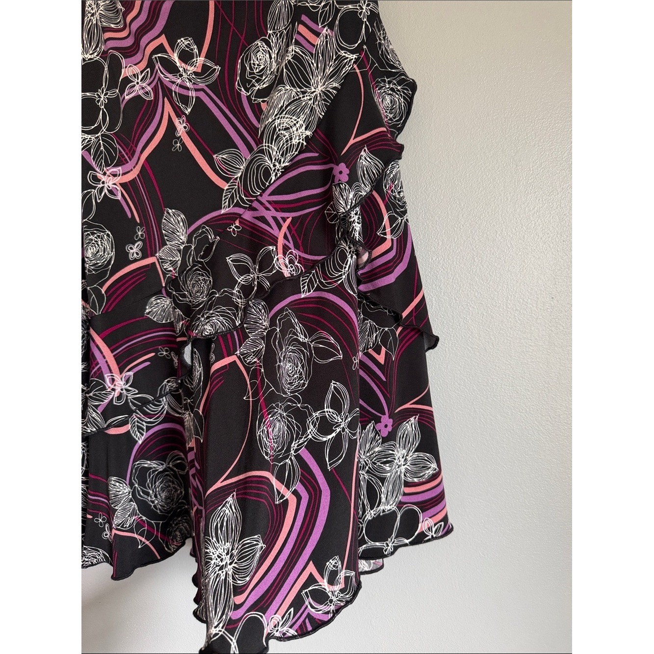 VTG Y2K Abstract Floral Ruffle Midi Skirt Black Pink Purple Chiffon Asymmetric