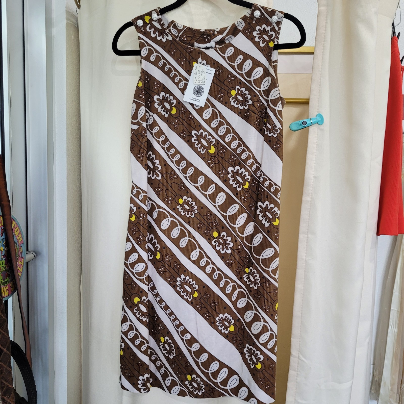 Vintage 60’s Mod Lounge Craft Sleeveless Shift Dress Brown Floral Print