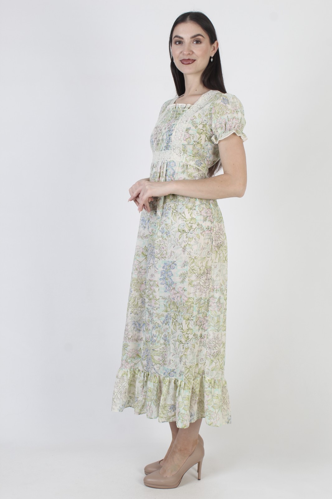 Vtg 70s White Smocked Prairie Dress Pastel Floral Prairie Cottage Boho Sundress