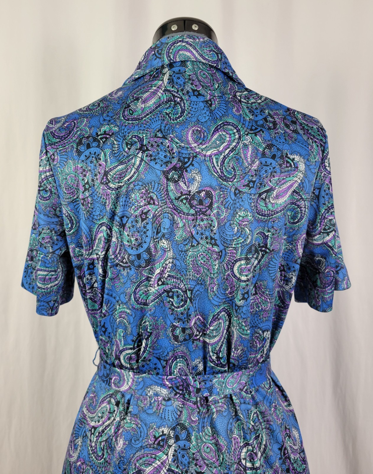 Vintage Ina Carol Blue & Purple Paisley S/S Dress w Matching Tie Belt Size 14