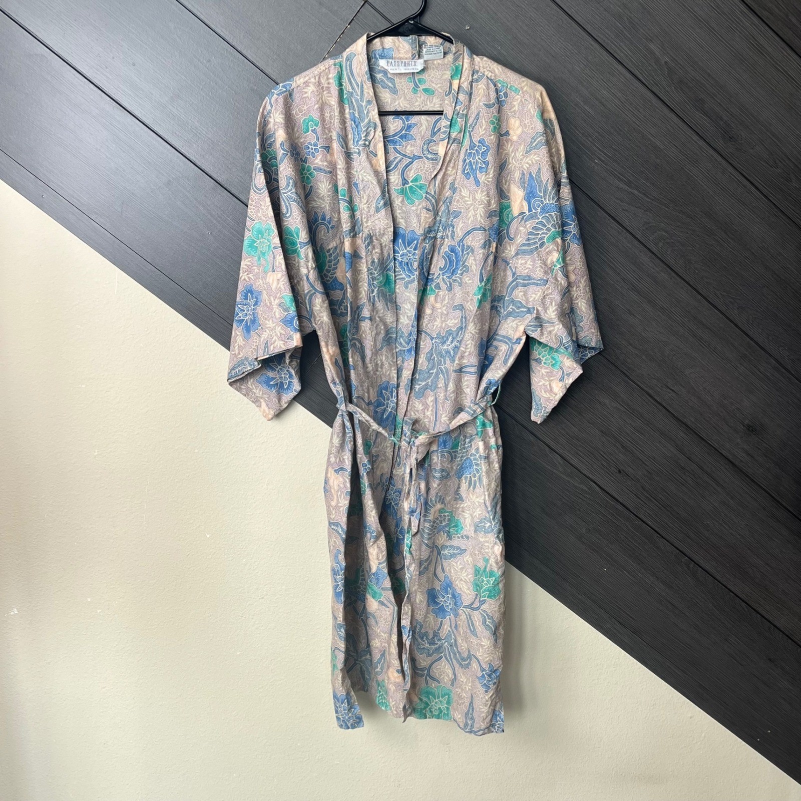 Pier 1 Passport Women’s Floral Kimono Robe Duster One Size Beige Blue VTG