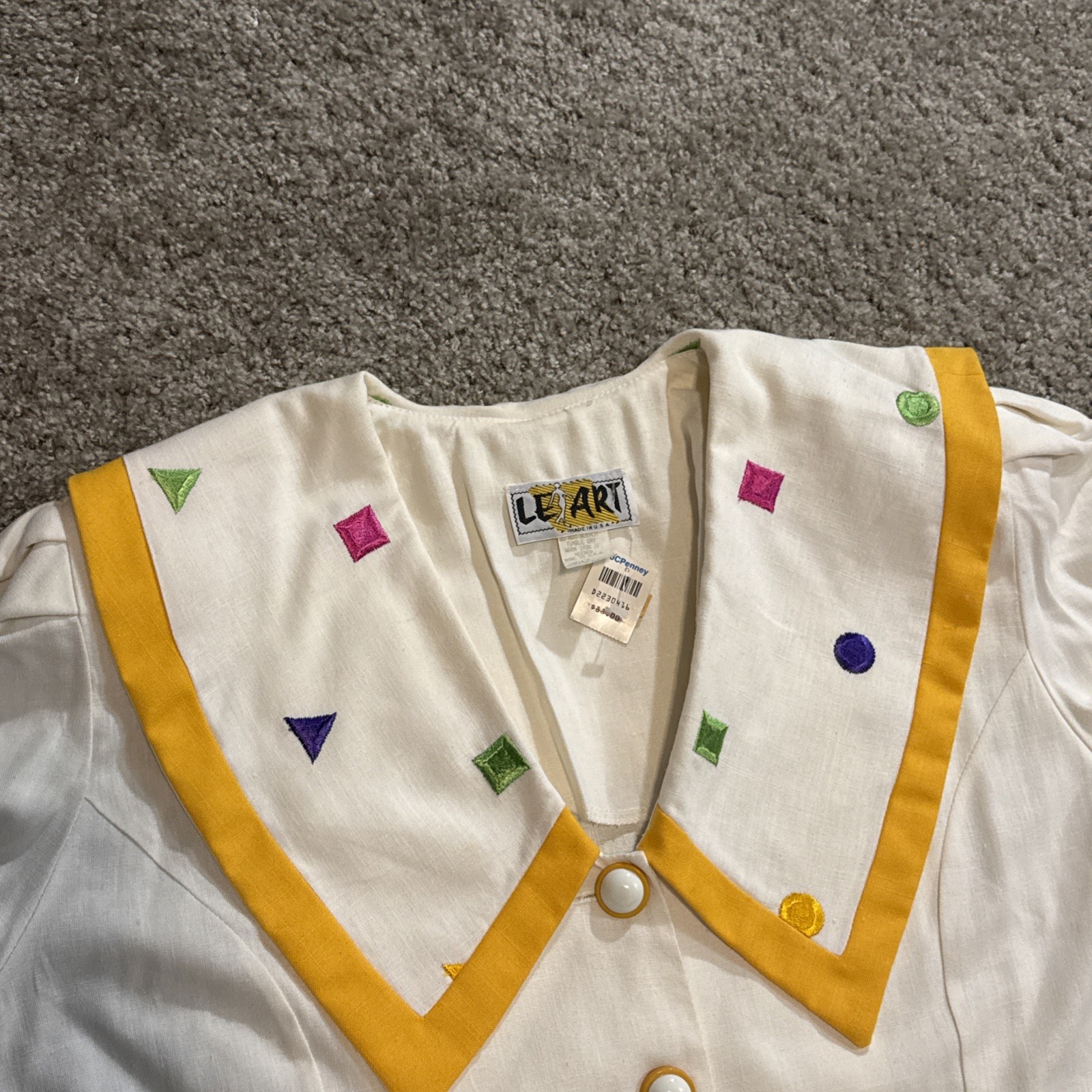 Vintage 70s Le Art Women’s White Yellow Blazer Skirt Work Suit New Old Stock NWT