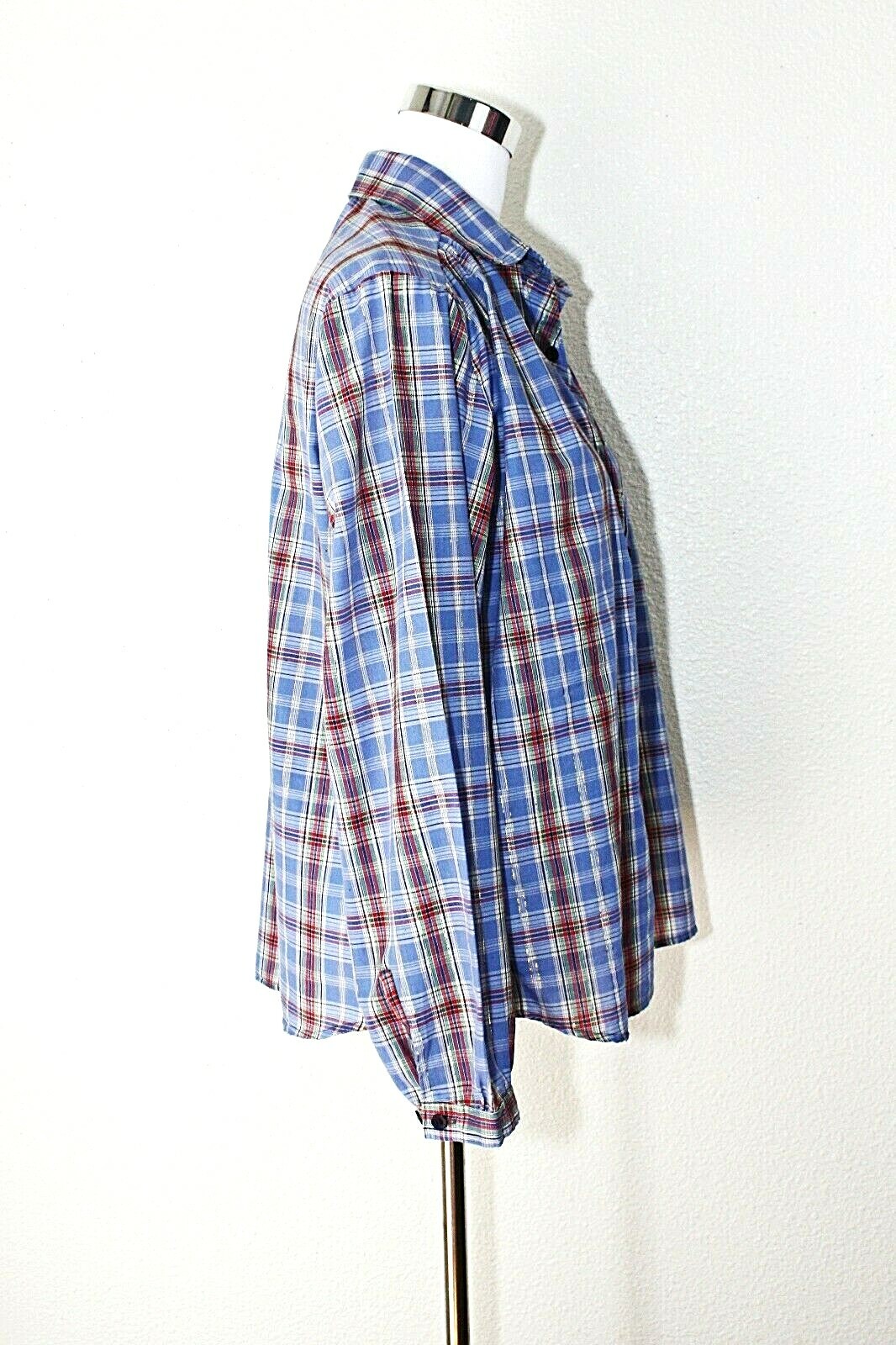 VTG LICORICE X Top Blouse Sz. 40 Long Sl. Blue White Red Gold Plaid Casual #02