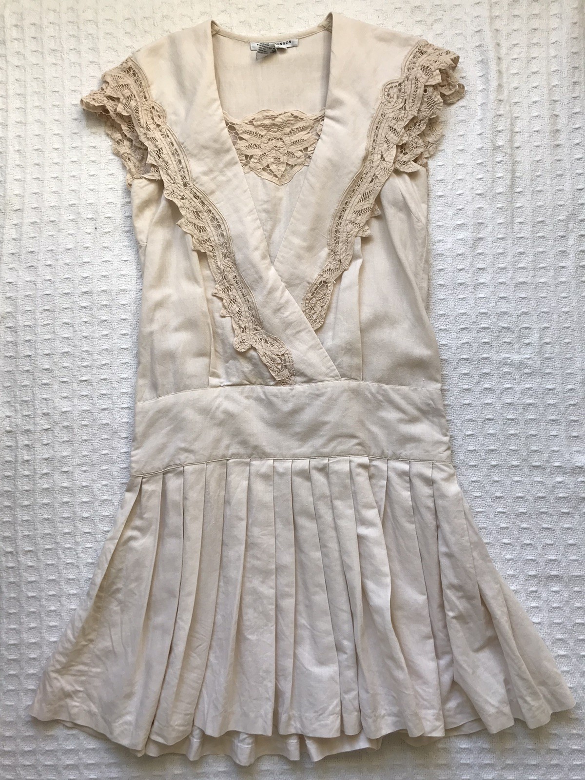 VTG Nancy Johnson Drop Waist Dress Natural Ecru Crochet Lace Pleated Skirt sz 6