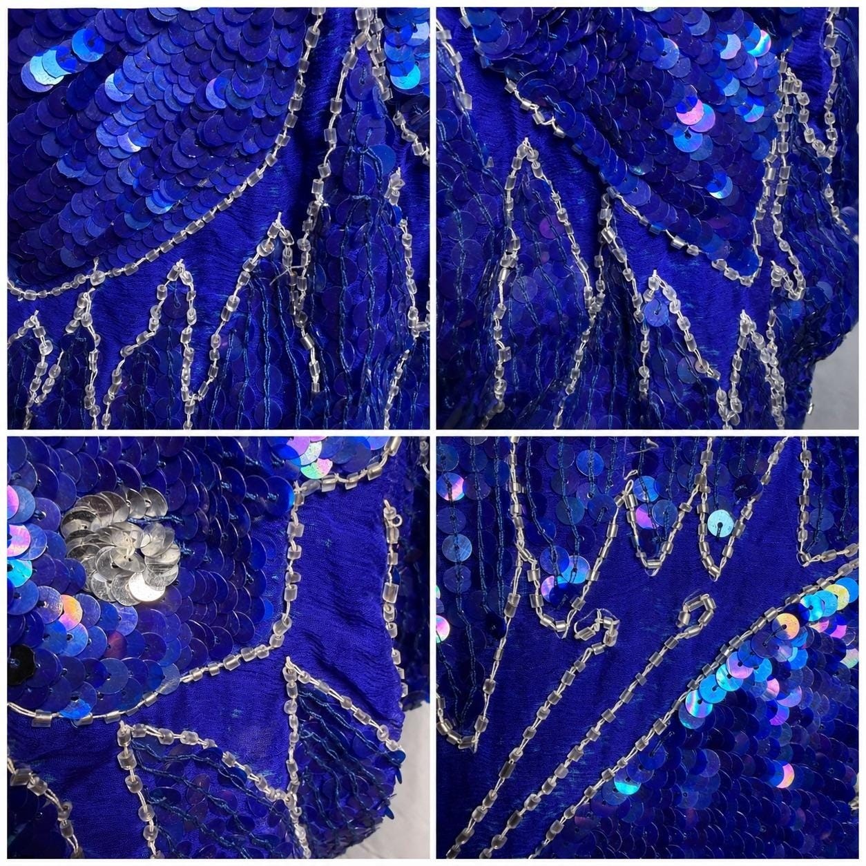 Vtg 70s Blue Butterfly Sequin Beaded Silk Top Disco Party Blouse B40 W30 S DMG