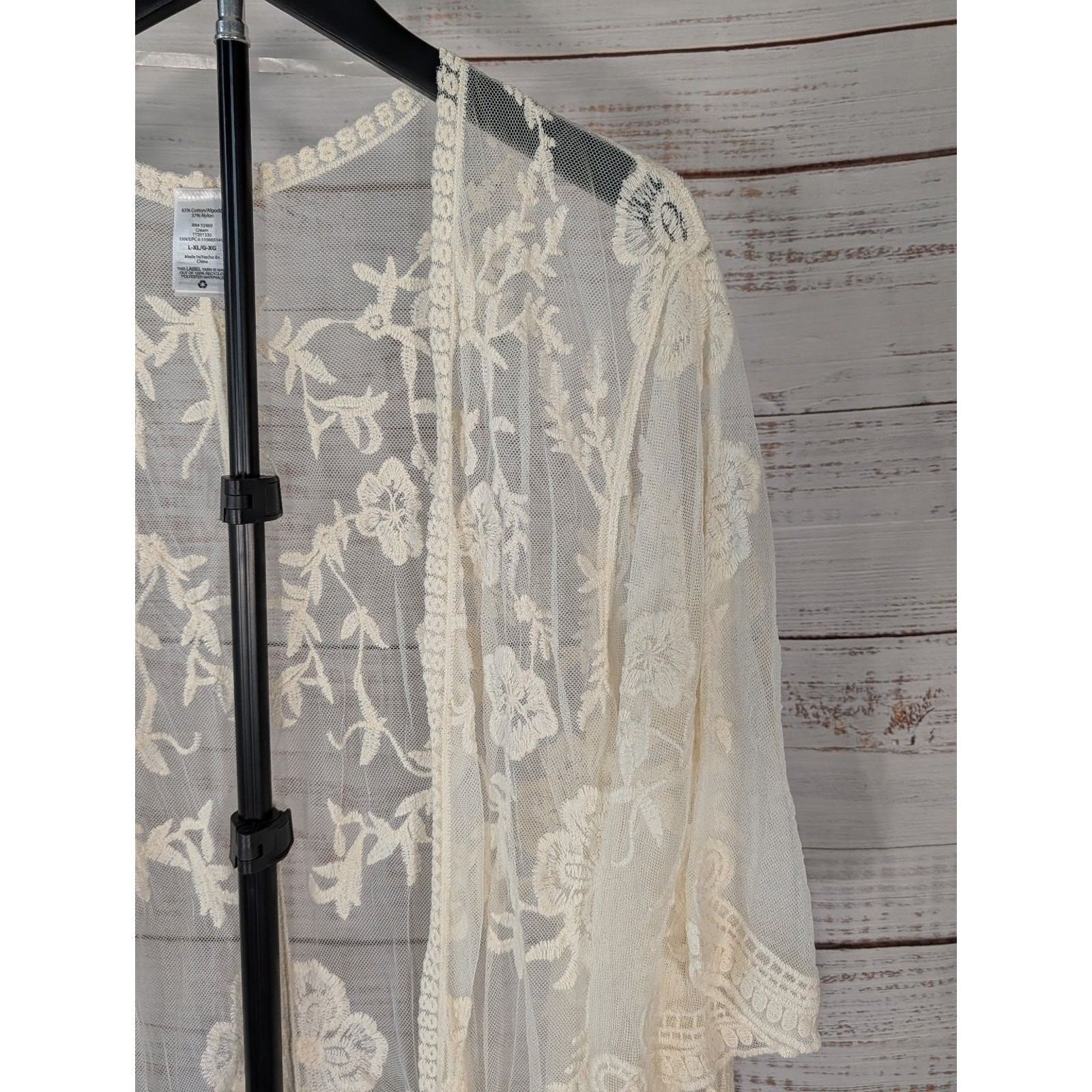Cream Floral Lace Kimono Cardigan L-XL Embroidered Sheer Boho