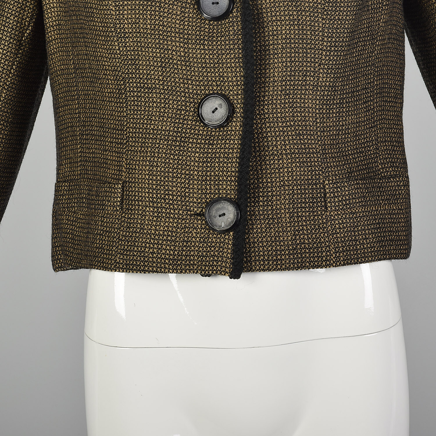 L 1960s Brown Jacket Boxy Tweed Black Trim 3/4 Sleeve Lightweight Blazer 60s VTG