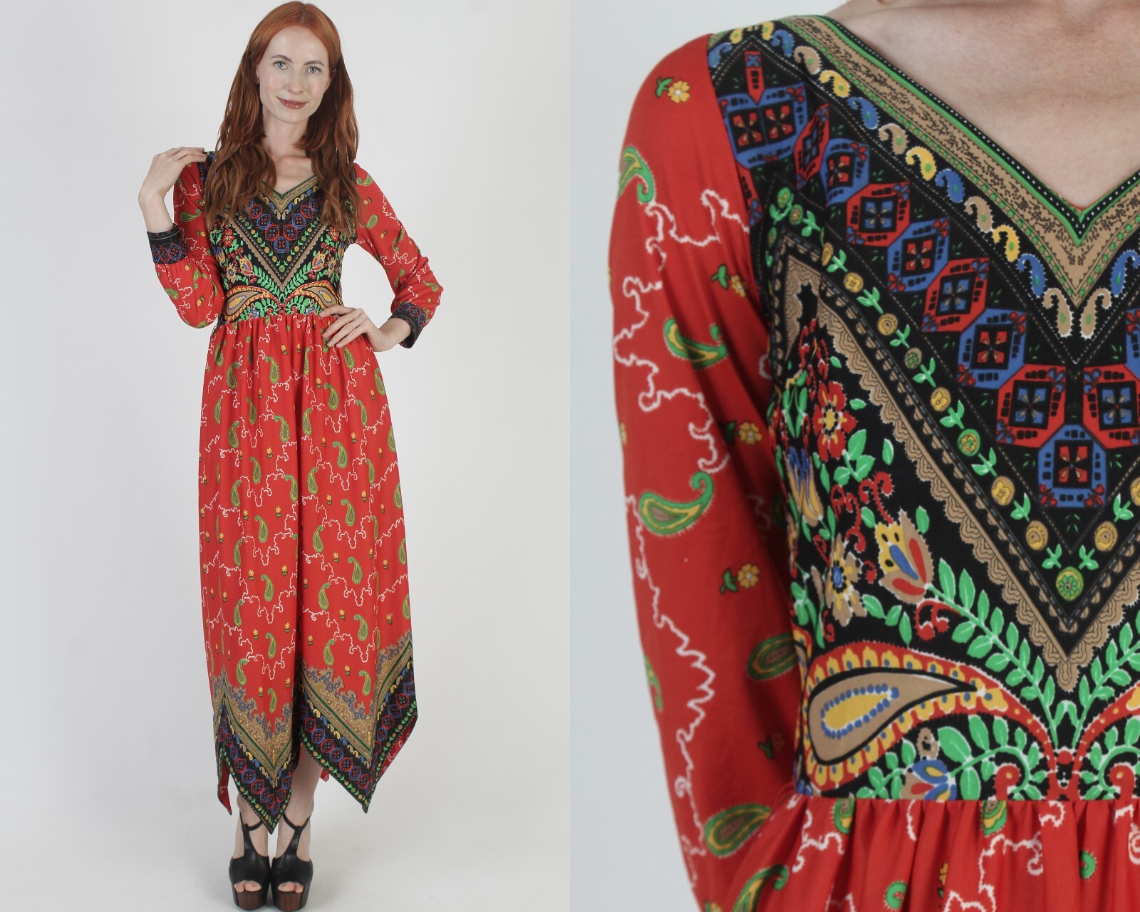 Vtg Colorful Asym Hanky Hem Dress High Low Handkerchief Tapestry Cocktail Party