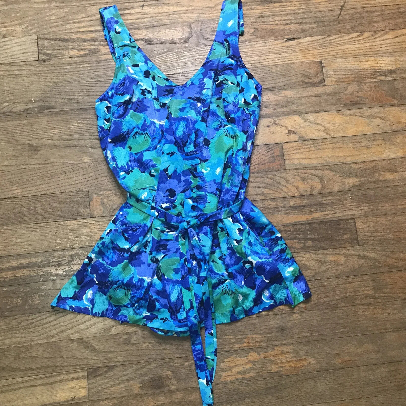 Maxine of Hollywood Size 14 Vintage Bathing Suit Blue Floral Print Belted