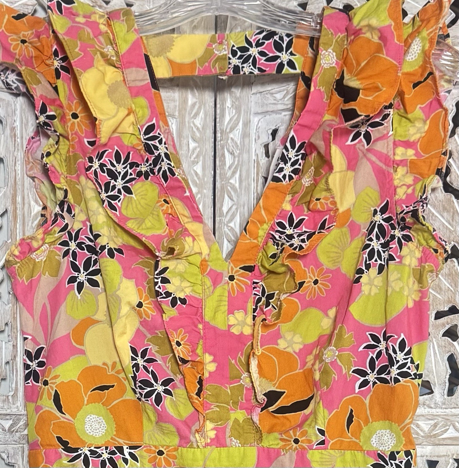 Vintage Neon Floral Cotton SZ M Dress Vneck Ruffles Surfer Girl Beach Boho Luau