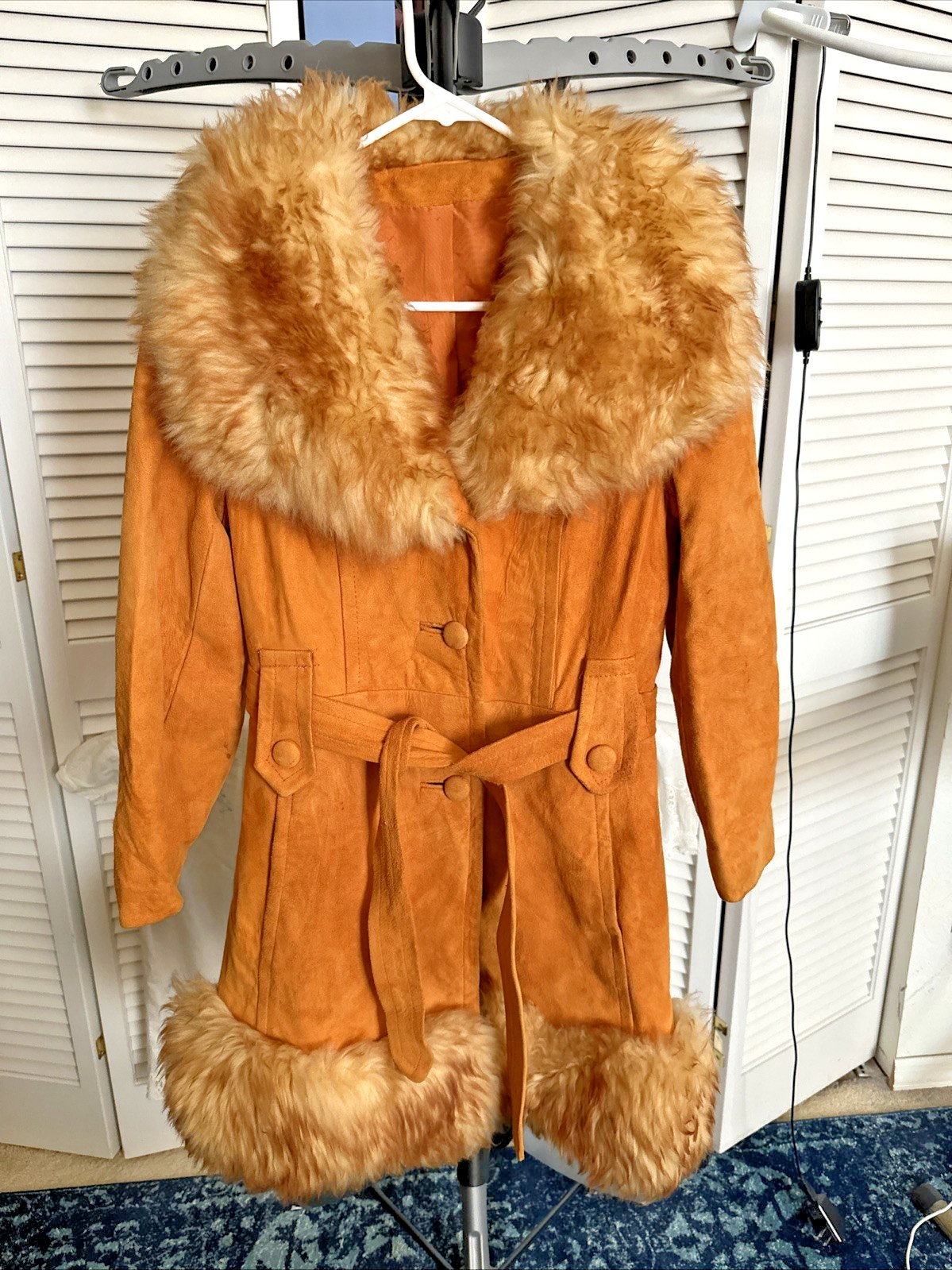Vintage 60s 70s Penny Lane Orange Suede Coat Faux Fur Belted Size 12 MOD