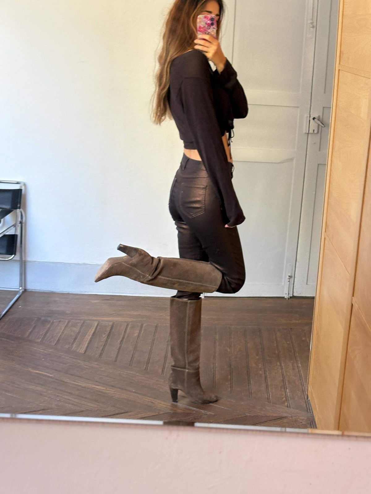 Metallic black skinny pants, Vintage Vila garment coated pants, Festive glitter