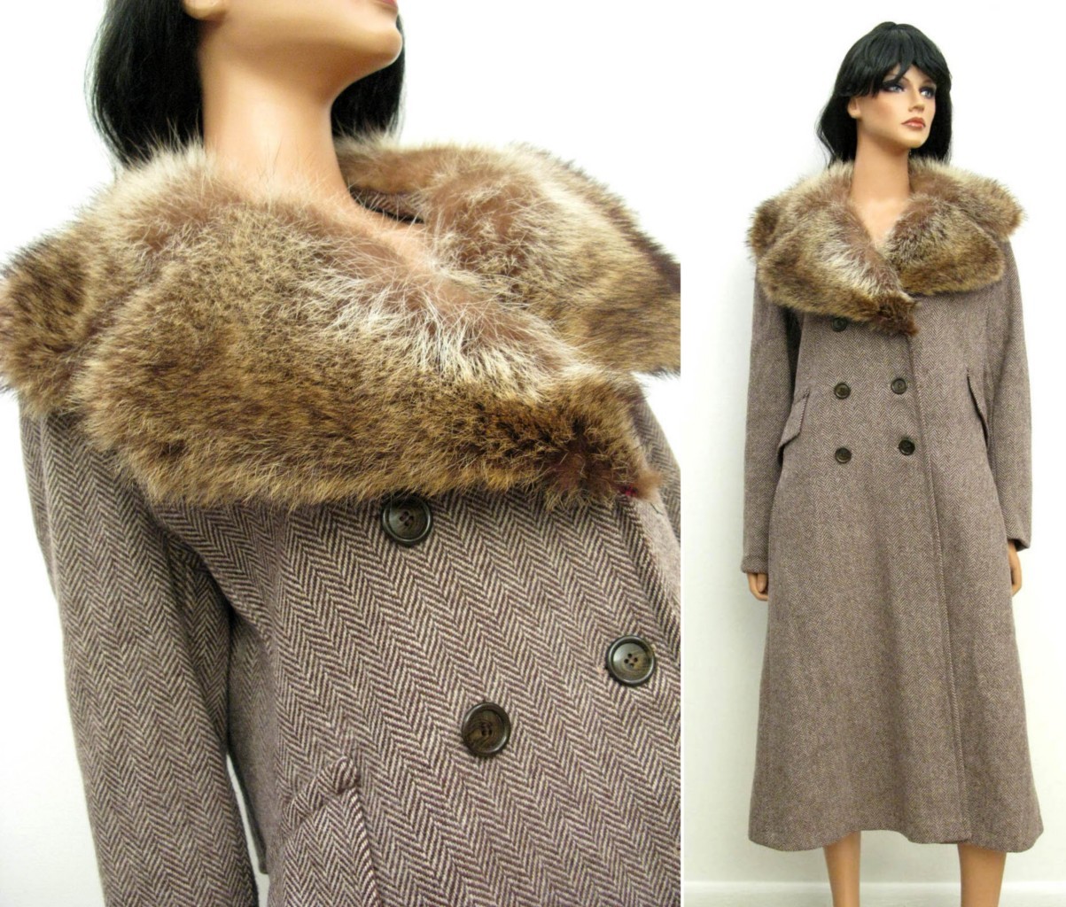 Vintage 70s Princess Trench Coat Sz M Wool Herringbone Tweed Raccoon Fur Collar