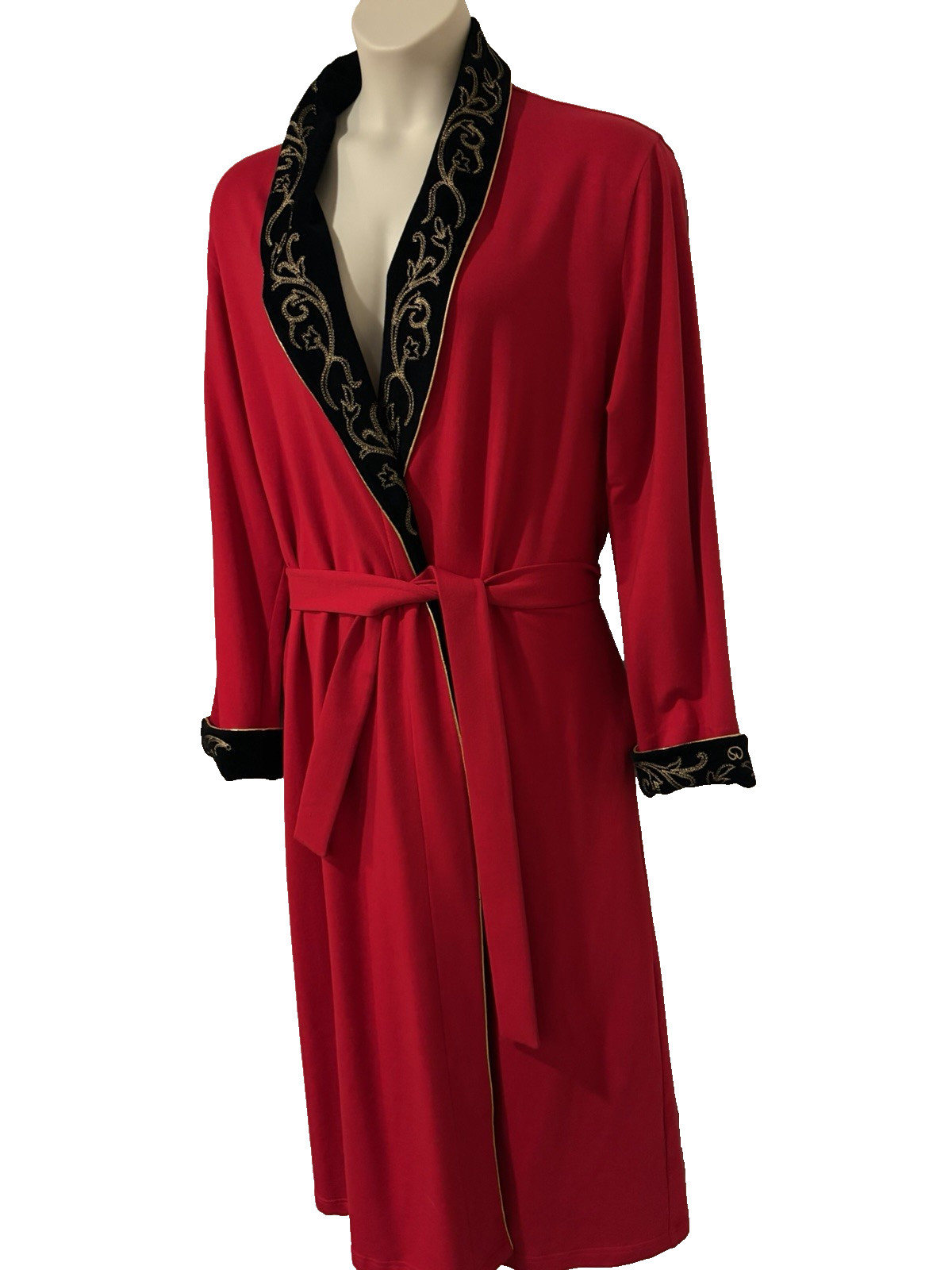 ST JOHN COLLECTION By Marie Gray~L~Red Robe Black Velvet Embroidered Collar Vtg