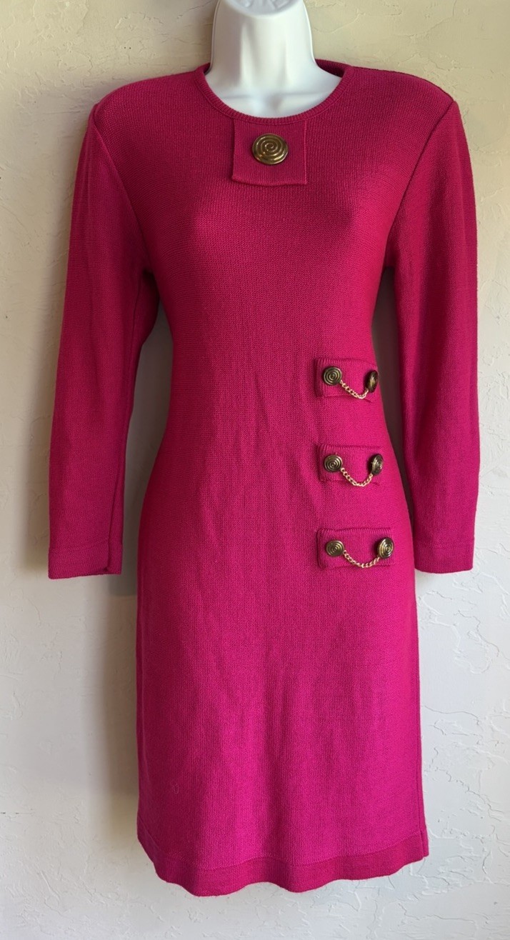 Vintage 80s Ami Knits Midi Sweater Dress 2 P Fuchsia Pink Chain Maximalist